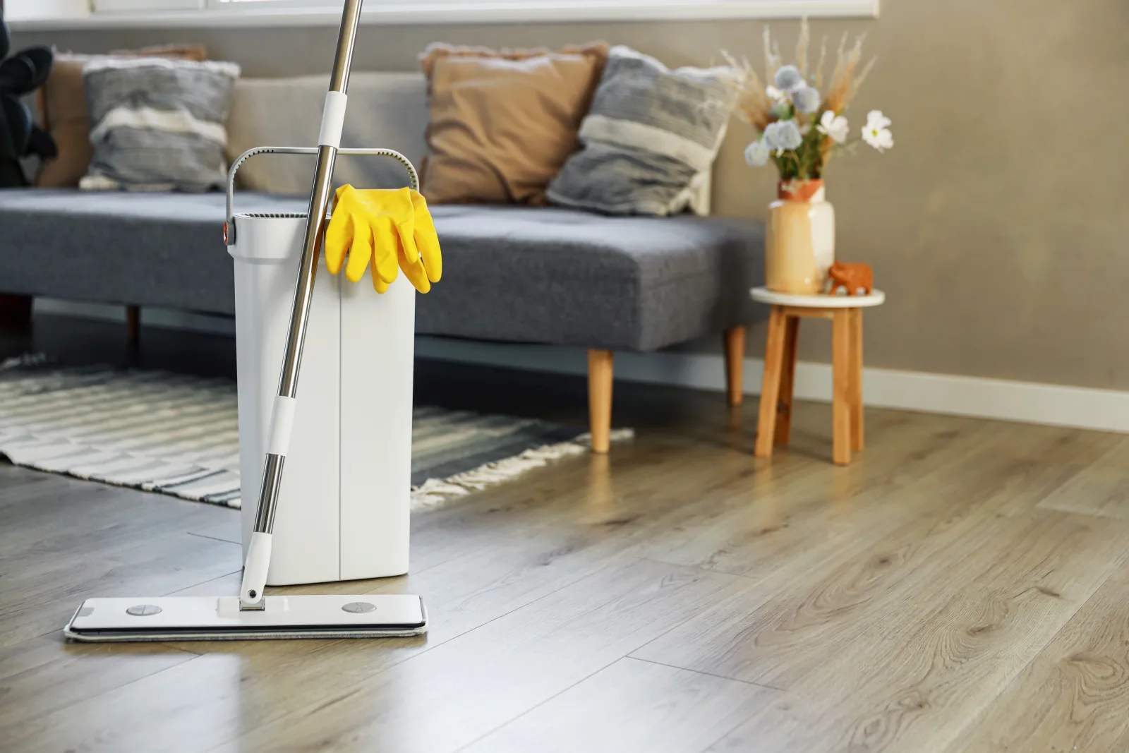 Mop and bucket ready in a bright, tidy living room during spring cleaning in a Denver home